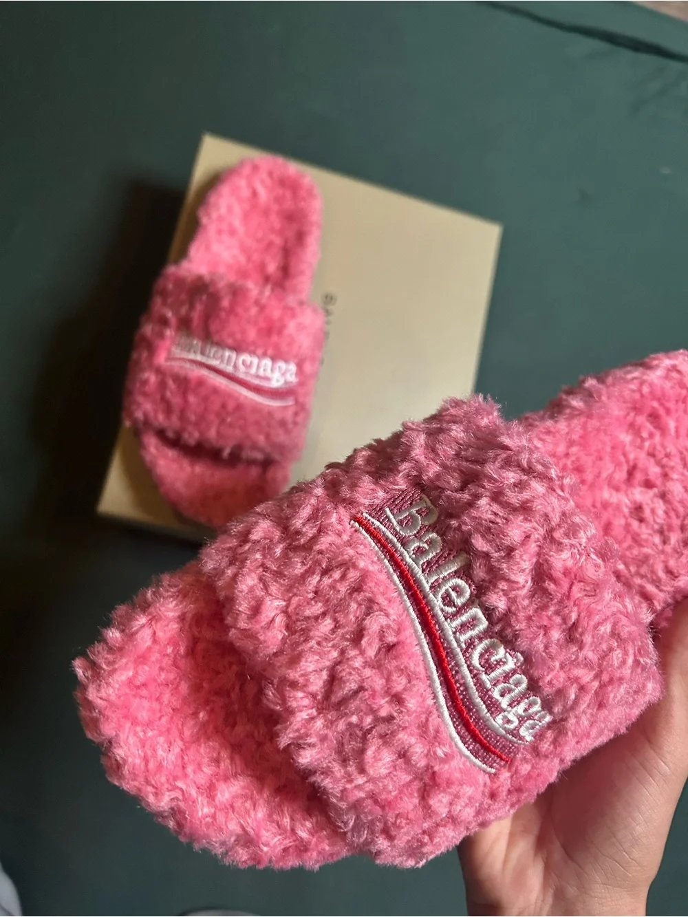 Balenciaga Pink Fuzzy Slide Slippers